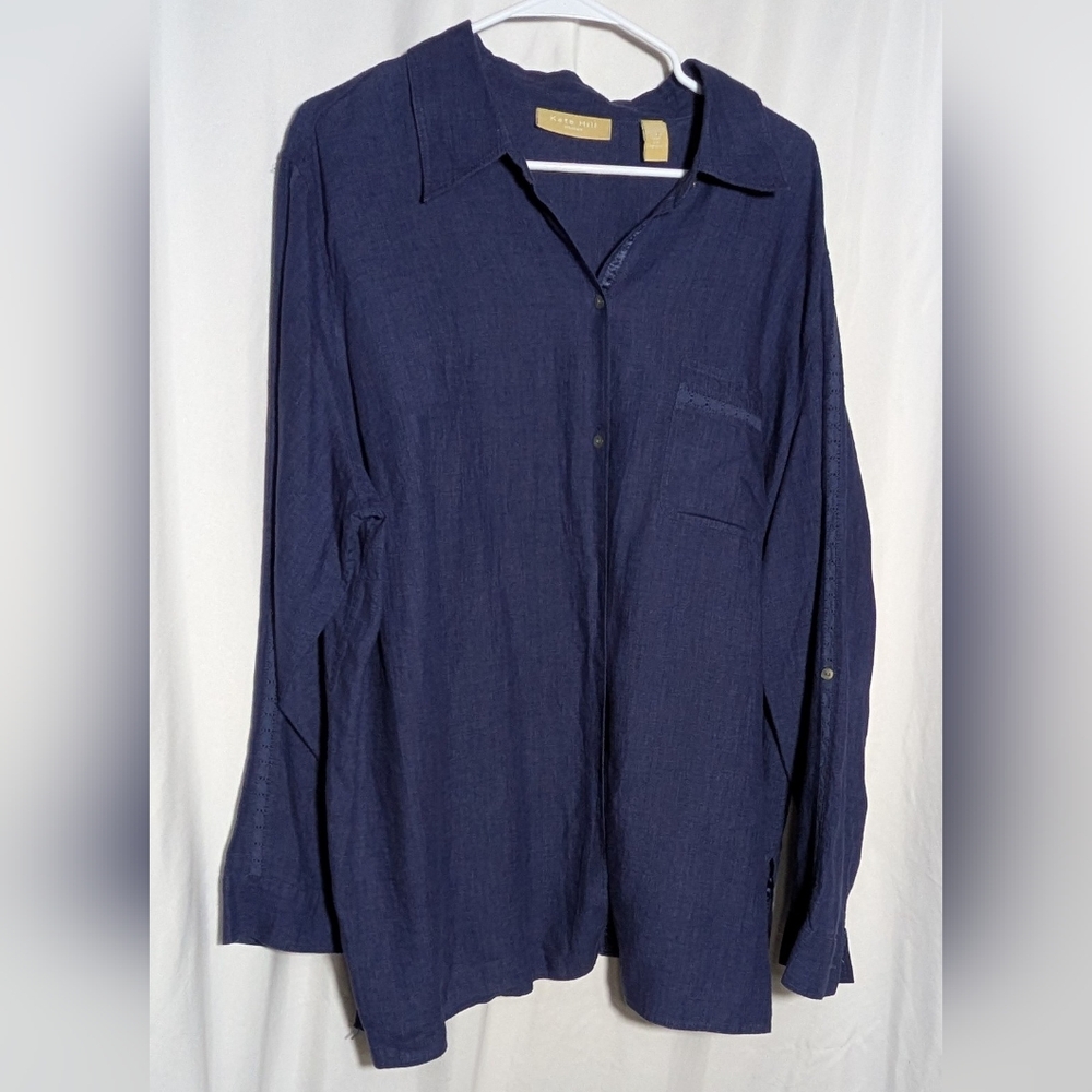 Womens KATE HILL 100% Linen Blue Tab Sleeve Blouse | Size‎ 3X